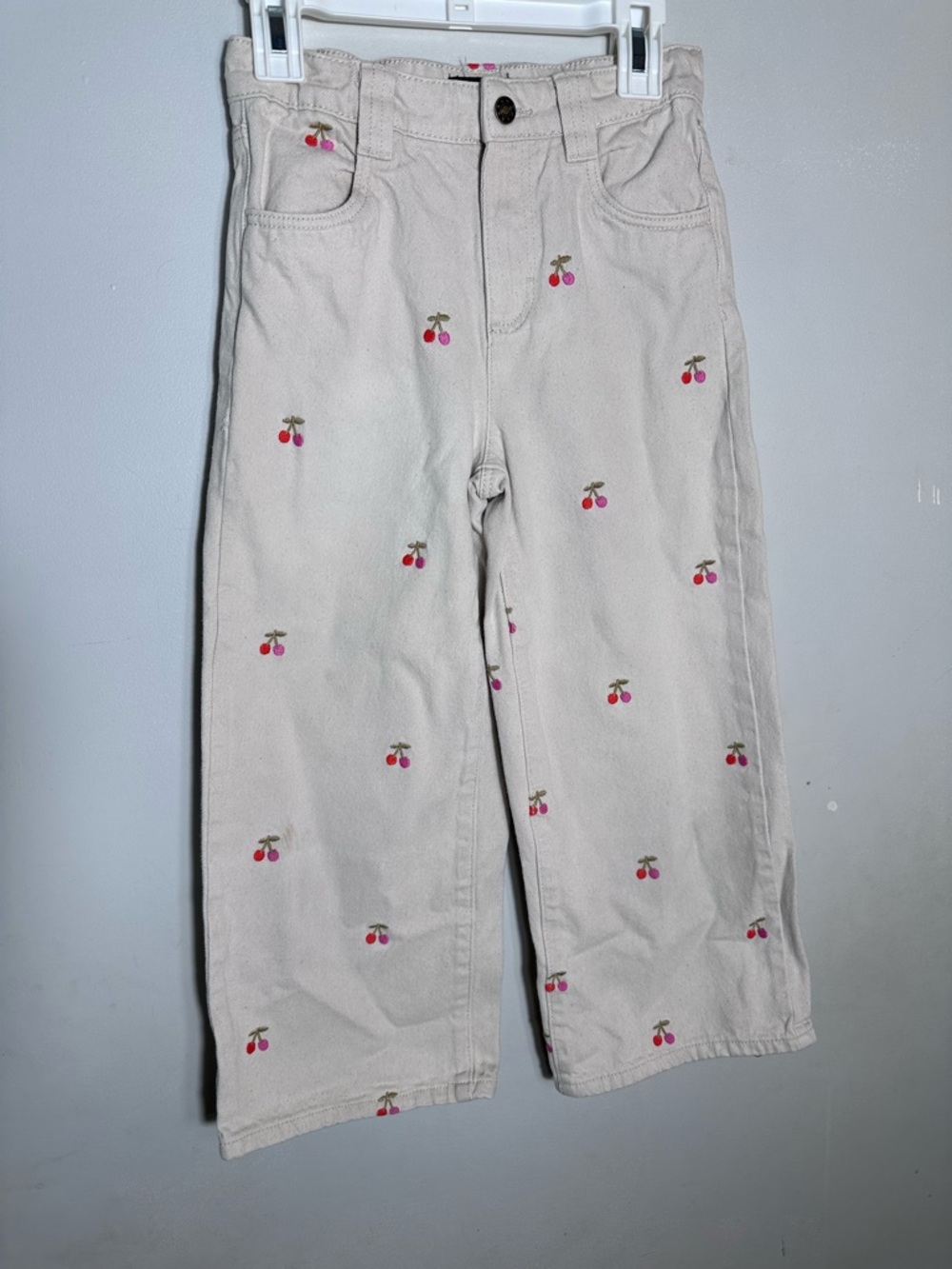 Girls Cream Embroidered Cherry Casual Pants